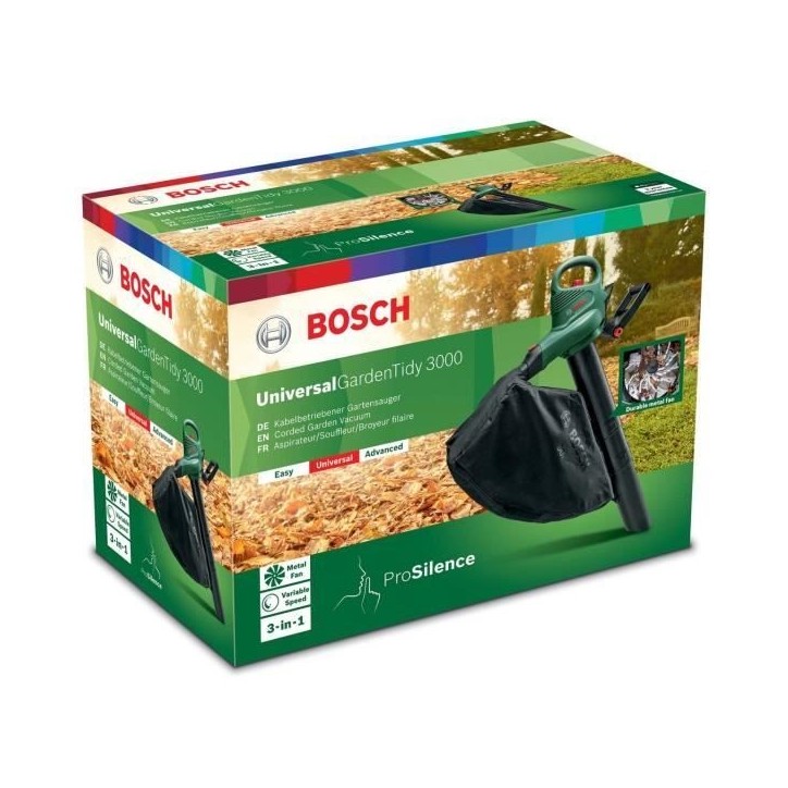 Aspirateur Souffleur Broyeur Bosch - UniversalGardenTidy 3000 - Electrique - 3000 W - 285 km/h - 50 L - Vert