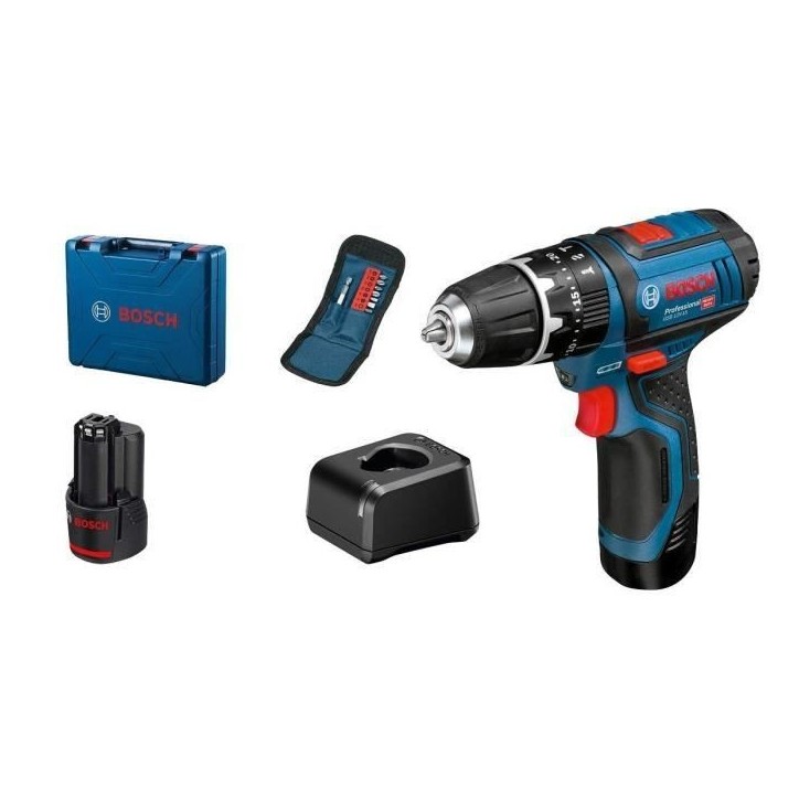 Perceuse-visseuse a percussion Bosch Professional GSB 12V-15 + 10 accessoires + 2 batteries 2,0Ah + Coffret