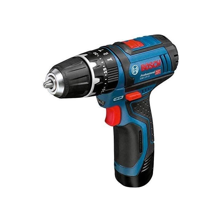 Perceuse-visseuse a percussion Bosch Professional GSB 12V-15 + 10 accessoires + 2 batteries 2,0Ah + Coffret