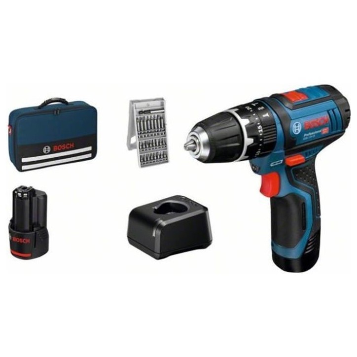 Perceuse a percussion - BOSCH PROFESSIONAL - GSB 12V-15 - 2 batteries 2,0Ah - 25 accessoires - Sac inclus Perceuse a percussion - BOSCH PROFESSIONAL - GSB 12V-15 - 2 batteries 2,0Ah - 25 accessoires - Sac inclus