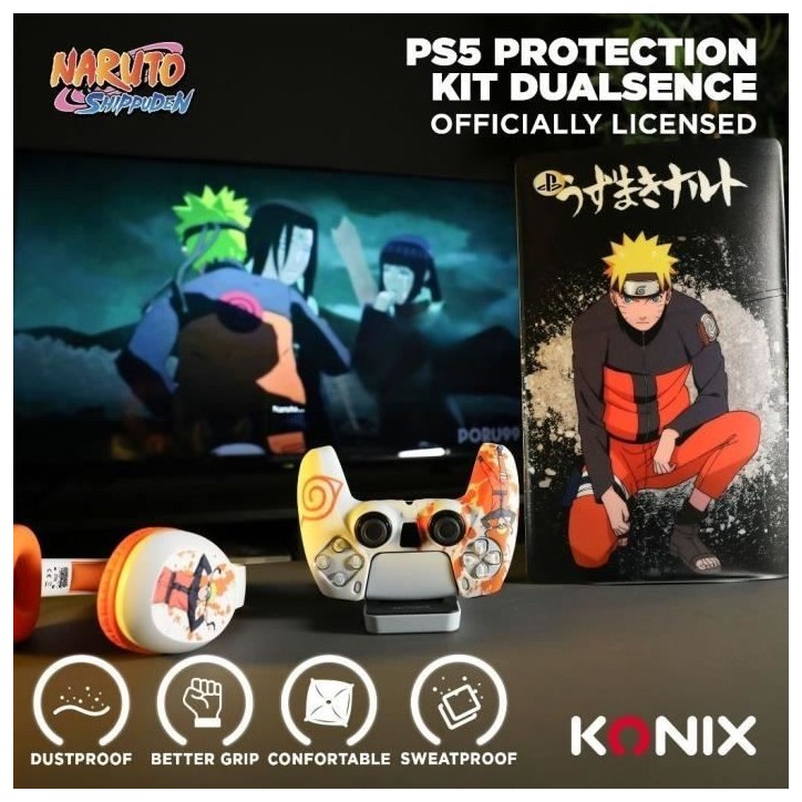 Coque de Protection - KONIX - Pour manette DualSense PS5 - Silicone - Appuie-Pouces - Motif Konoha et Naruto - Blanc