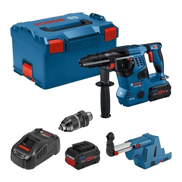 Perforateur Bosch Professional GBH 18V-28CF 3,3J avec dispositif d'aspi GDE 18V-16, 2 batt ProCore 8,0Ah, Chargeur, Llbox 061192 Perforateur Bosch Professional GBH 18V-28CF 3,3J avec dispositif d'aspi GDE 18V-16, 2 batt ProCore 8,0Ah, Chargeur, Llbox 061192