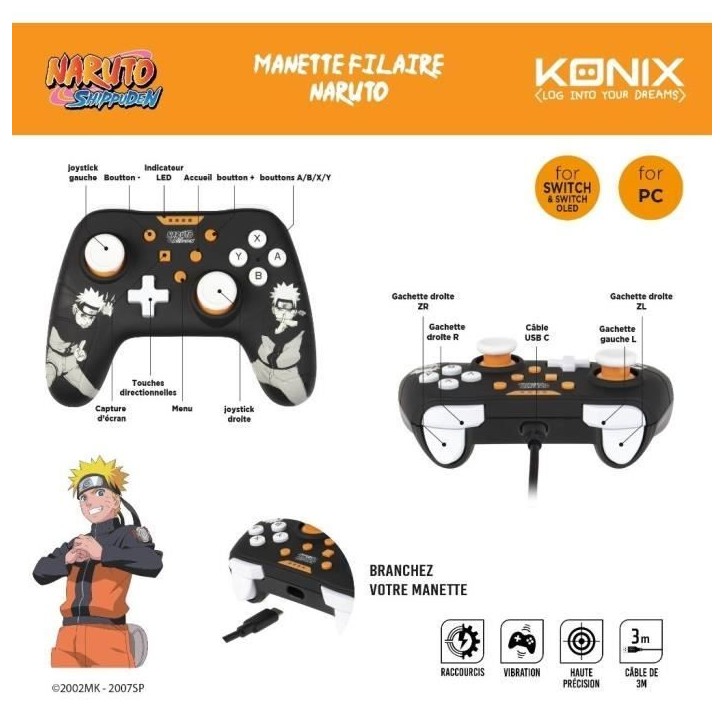 Manette filaire - KONIX - Naruto Shippuden Nintendo Switch / Switch 2 / PC - Fonction vibration - Câble 3 m - Motif Naruto - No