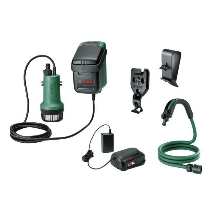 Pompe submersible Bosch - GardenPump 18V-2000 (avec fixation murale et de réservoir et tuyau d'arrosage de 2,5 m) Pompe submersible Bosch - GardenPump 18V-2000 (avec fixation murale et de réservoir et tuyau d'arrosage de 2,5 m)