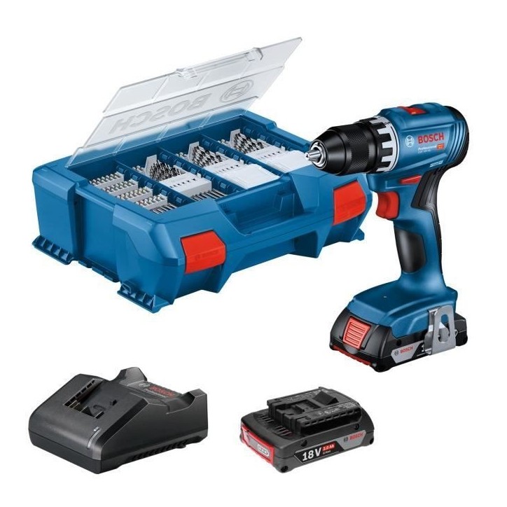 Perceuse-visseuse Bosch professional GSR 18V + 2 batteries 2,0Ah + chargeur + 82 pieces, en L-Case Perceuse-visseuse Bosch professional GSR 18V + 2 batteries 2,0Ah + chargeur + 82 pieces, en L-Case