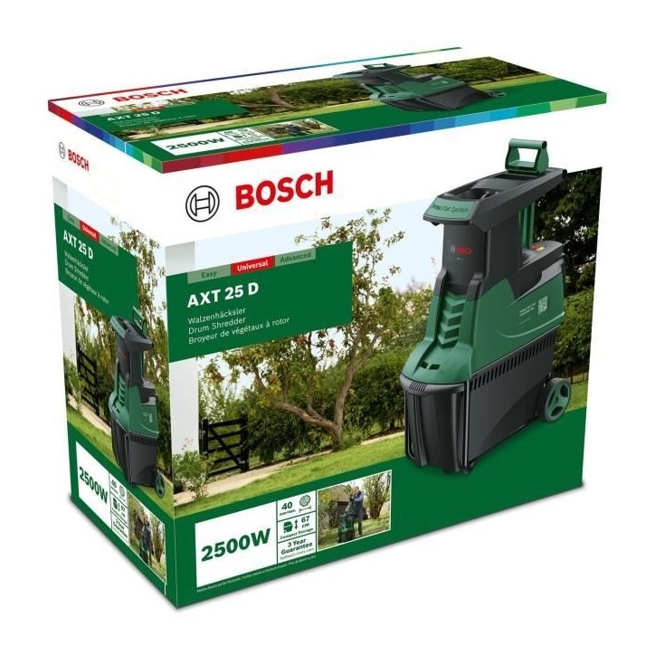 Broyeur de végétaux Bosch - AXT 25D - branches jusqu'a 40 mm - électrique Broyeur de végétaux Bosch - AXT 25D - branches jusqu'a 40 mm - électrique