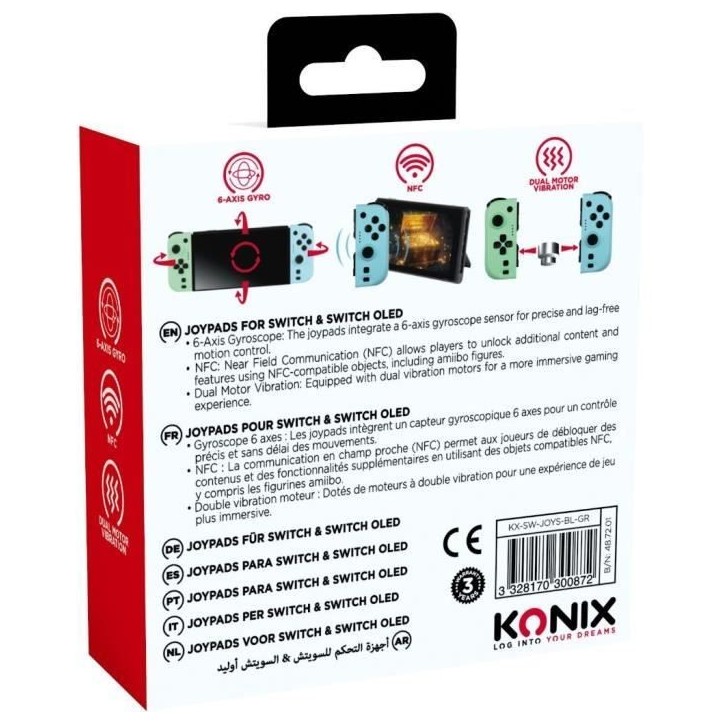 Manettes Joypads - Nintendo Switch et Switch OLED - KONIX - Autonomie 8 h - Fonction vibration - Vert et bleu Manettes Joypads - Nintendo Switch et Switch OLED - KONIX - Autonomie 8 h - Fonction vibration - Vert et bleu