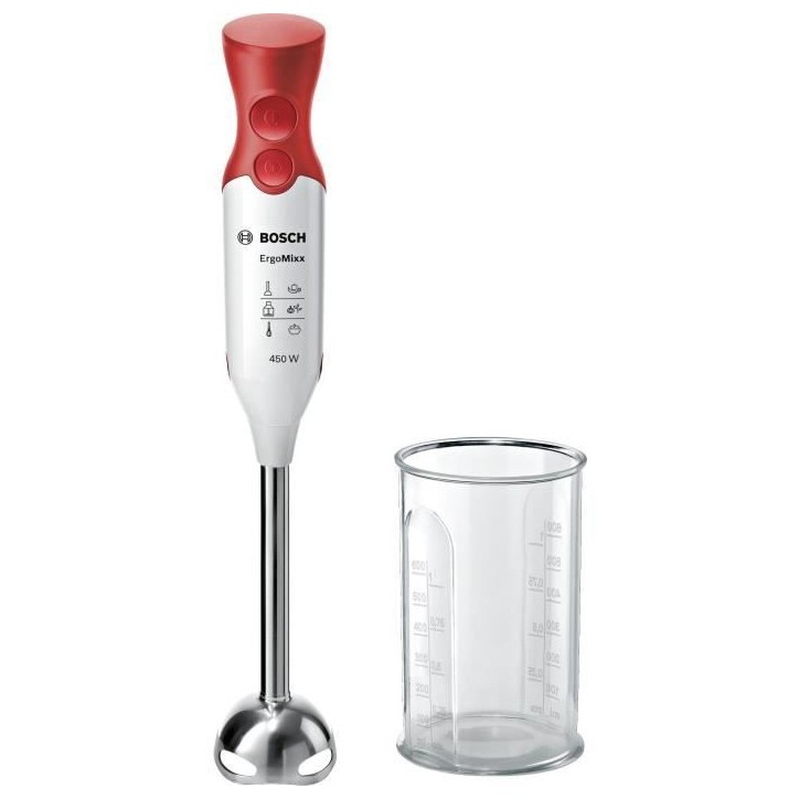Mixeur plongeant BOSCH ErgoMixx MSM64110 - 450W - Pied inox - 4 lames aiguisées - 2 vitesses - Bol gradué 600ml - blanc/rouge