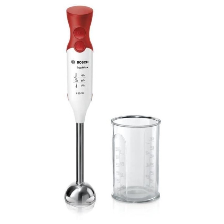 Mixeur plongeant BOSCH ErgoMixx MSM64110 - 450W - Pied inox - 4 lames aiguisées - 2 vitesses - Bol gradué 600ml - blanc/rouge