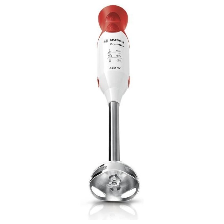 Mixeur plongeant BOSCH ErgoMixx MSM64110 - 450W - Pied inox - 4 lames aiguisées - 2 vitesses - Bol gradué 600ml - blanc/rouge
