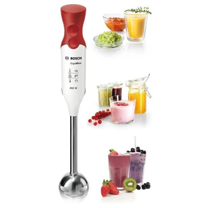 Mixeur plongeant BOSCH ErgoMixx MSM64110 - 450W - Pied inox - 4 lames aiguisées - 2 vitesses - Bol gradué 600ml - blanc/rouge