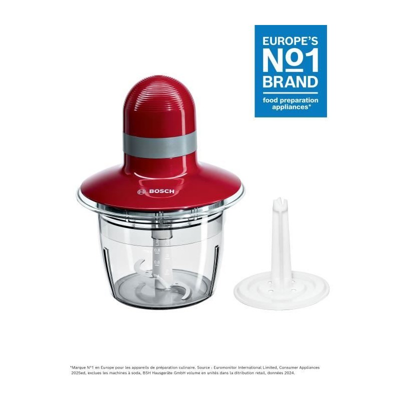 Hachoir BOSCH MMR08R2 - Rouge/Gris - 400W - Capacité 0,8L - Couteau i Hachoir BOSCH MMR08R2 - Rouge/Gris - 400W - Capacité 0,8L - Couteau i