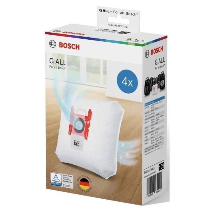 Sacs d'aspirateur - BOSCH - BBZ41FGALL - PowerProtect Type G ALL avec charbon actif - Lot de 4 sacs + 1 filtre