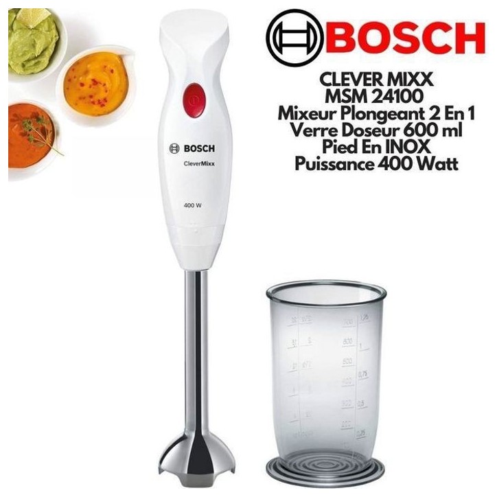 Mixeur plongeant CleverMixx MSM24100 - BOSCH - 400W - Pied détachable inox - 1 vitesse - Bol mixeur - Blanc