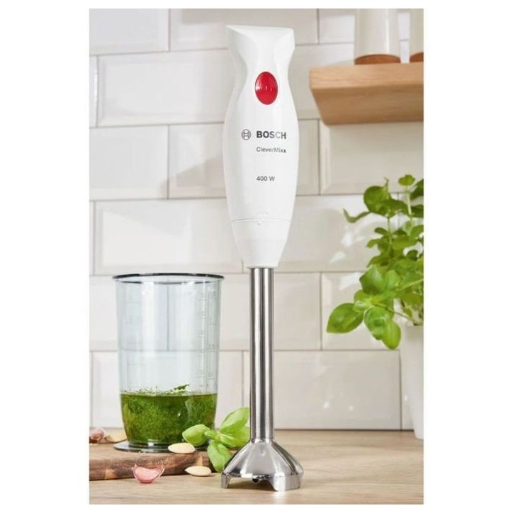 Mixeur plongeant CleverMixx MSM24100 - BOSCH - 400W - Pied détachable inox - 1 vitesse - Bol mixeur - Blanc