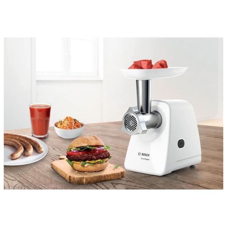 Hachoir a viande SmartPower - BOSCH - MFW2520W - 2 grilles de hachoir - Garnisseur de saucisses - Blanc