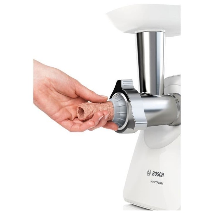 Hachoir a viande SmartPower - BOSCH - MFW2520W - 2 grilles de hachoir - Garnisseur de saucisses - Blanc