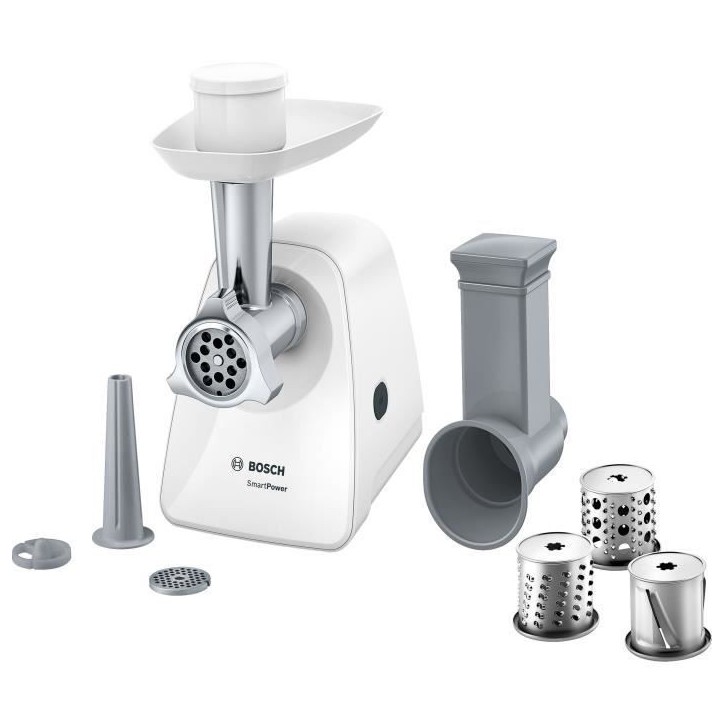 Hachoir a viande - BOSCH - MFW2514W SmartPower - Blanc - moteur bloqué 1500 W - 1,7 kg/mn - 2 grilles de hachoir - râpeur/émi Hachoir a viande - BOSCH - MFW2514W SmartPower - Blanc - moteur bloqué 1500 W - 1,7 kg/mn - 2 grilles de hachoir - râpeur/émi