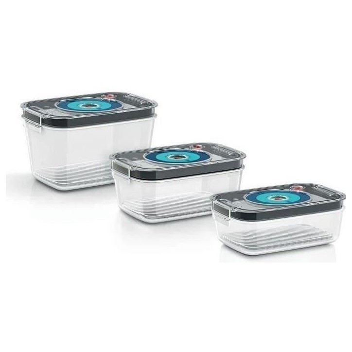 BOSCH - 3 boites de conservation sous vide hermétiques : 0,7L, 1,0L et 1,5L - Bac d'égouttement - Indicateur jour et mois - Tr