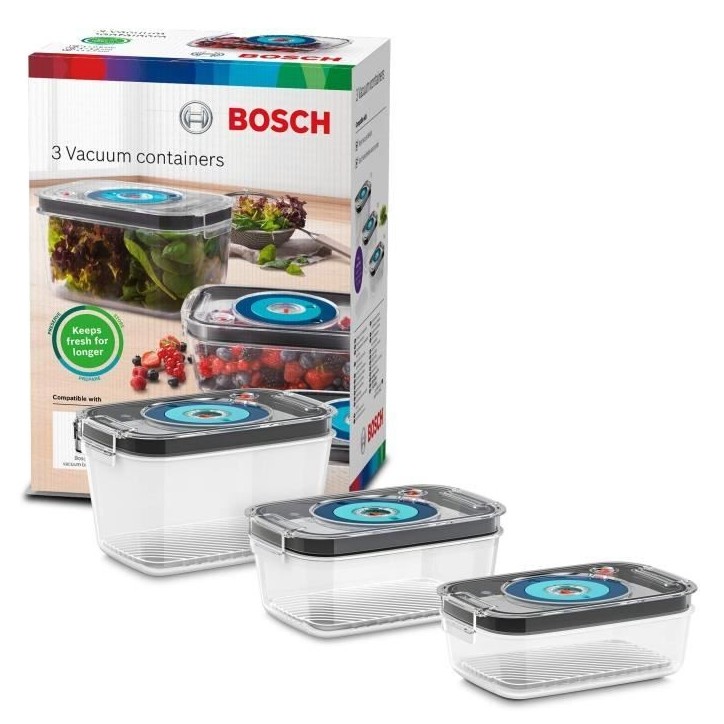 BOSCH - 3 boites de conservation sous vide hermétiques : 0,7L, 1,0L et 1,5L - Bac d'égouttement - Indicateur jour et mois - Tr