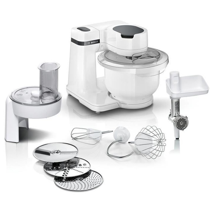 Robot pâtissier BOSCH Serie 2 MUMS2AW21- 700 W - 4 vitesses - 3,8 L - 3 disques - hachoir a viande - Blanc Robot pâtissier BOSCH Serie 2 MUMS2AW21- 700 W - 4 vitesses - 3,8 L - 3 disques - hachoir a viande - Blanc
