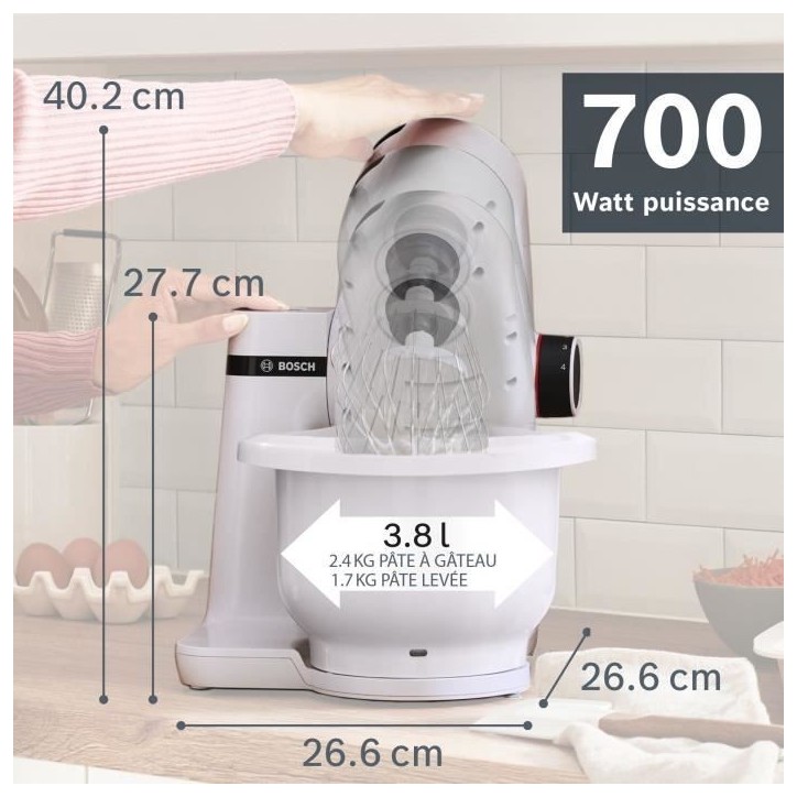 Robot pâtissier BOSCH Serie 2 MUMS2AW21- 700 W - 4 vitesses - 3,8 L - 3 disques - hachoir a viande - Blanc Robot pâtissier BOSCH Serie 2 MUMS2AW21- 700 W - 4 vitesses - 3,8 L - 3 disques - hachoir a viande - Blanc
