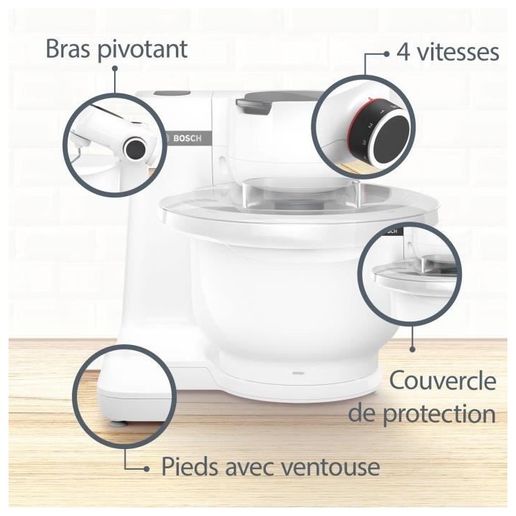Robot pâtissier BOSCH Serie 2 MUMS2AW21- 700 W - 4 vitesses - 3,8 L - 3 disques - hachoir a viande - Blanc Robot pâtissier BOSCH Serie 2 MUMS2AW21- 700 W - 4 vitesses - 3,8 L - 3 disques - hachoir a viande - Blanc