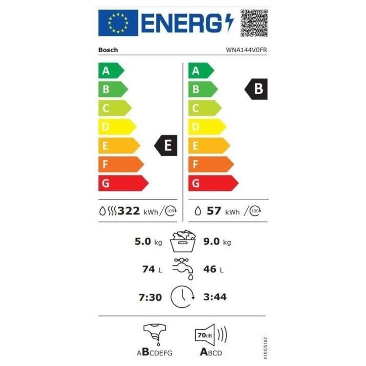 Lave-linge séchant BOSCH WNA144V0FR SER4 - 9 / 5 kg - Induction - L60cm - 1400 trs/min - Blanc