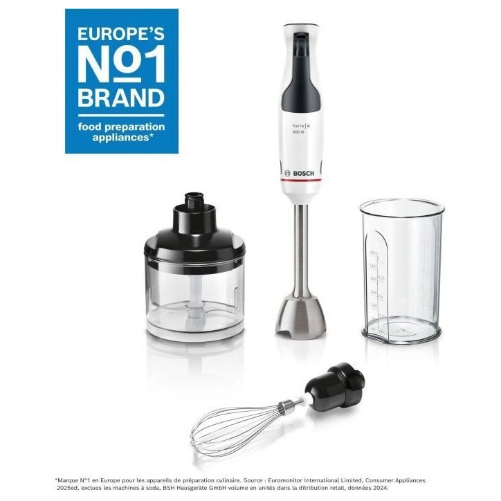 Mixeur plongeant - BOSCH - MSM4W221 - 600 W - 4 lames aiguiseés - Bol mélangeur - Mini hachoir - Fouet - Engrenage céramique Mixeur plongeant - BOSCH - MSM4W221 - 600 W - 4 lames aiguiseés - Bol mélangeur - Mini hachoir - Fouet - Engrenage céramique