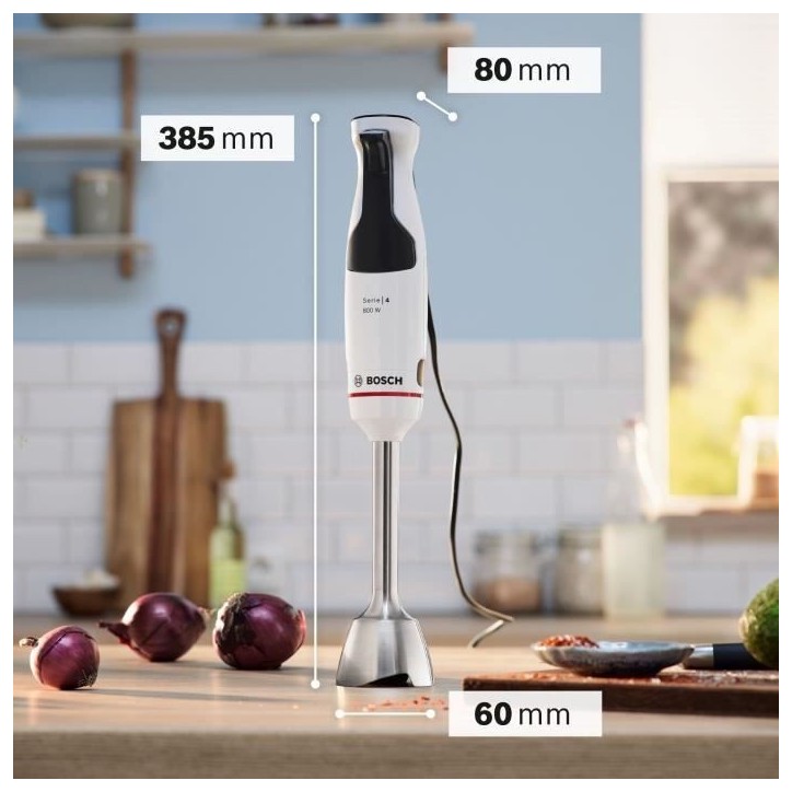 Mixeur plongeant - BOSCH - MSM4W221 - 600 W - 4 lames aiguiseés - Bol mélangeur - Mini hachoir - Fouet - Engrenage céramique Mixeur plongeant - BOSCH - MSM4W221 - 600 W - 4 lames aiguiseés - Bol mélangeur - Mini hachoir - Fouet - Engrenage céramique