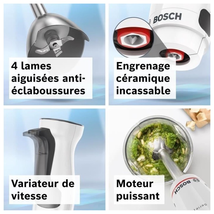 Mixeur plongeant - BOSCH - MSM4W221 - 600 W - 4 lames aiguiseés - Bol mélangeur - Mini hachoir - Fouet - Engrenage céramique Mixeur plongeant - BOSCH - MSM4W221 - 600 W - 4 lames aiguiseés - Bol mélangeur - Mini hachoir - Fouet - Engrenage céramique