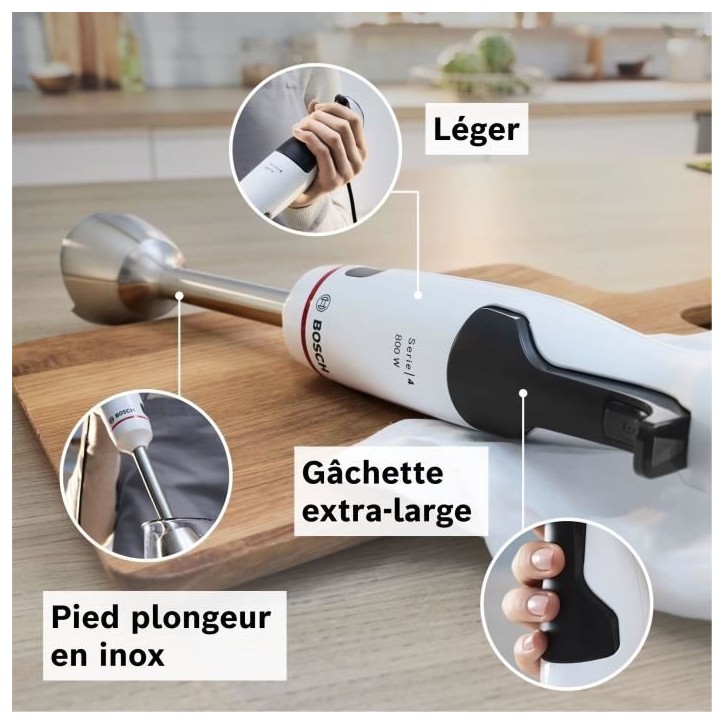 Mixeur plongeant - BOSCH - MSM4W221 - 600 W - 4 lames aiguiseés - Bol mélangeur - Mini hachoir - Fouet - Engrenage céramique Mixeur plongeant - BOSCH - MSM4W221 - 600 W - 4 lames aiguiseés - Bol mélangeur - Mini hachoir - Fouet - Engrenage céramique
