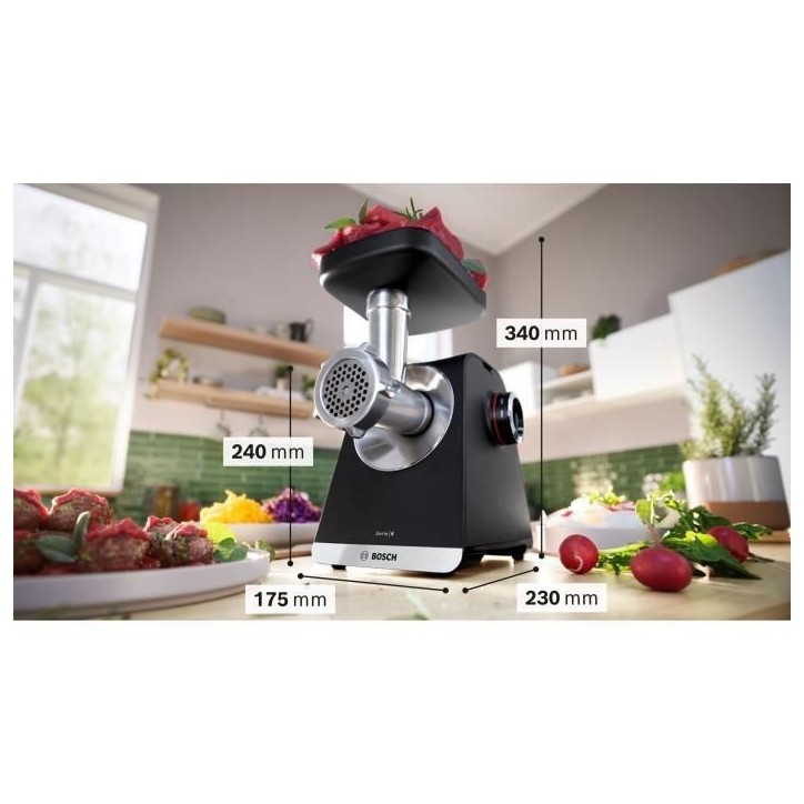 Hachoir a viande BOSCH Série 6 MFWS650B - 500 W - 3,5 kg/mn - 3 grilles de hachoir - Noir