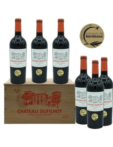 Château Dufilhot 2021 Côtes de Bordeaux - Vin rouge lot de 6 bouteilles en Caisse bois