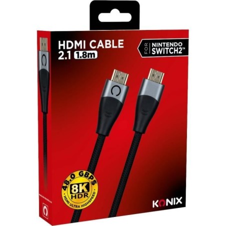 Câble HDMI 2.1 - KONIX - Nintendo Switch 2 - Compatibilité 4K et 8K - Nylon tressé - Longueur 1,8 m - Noir