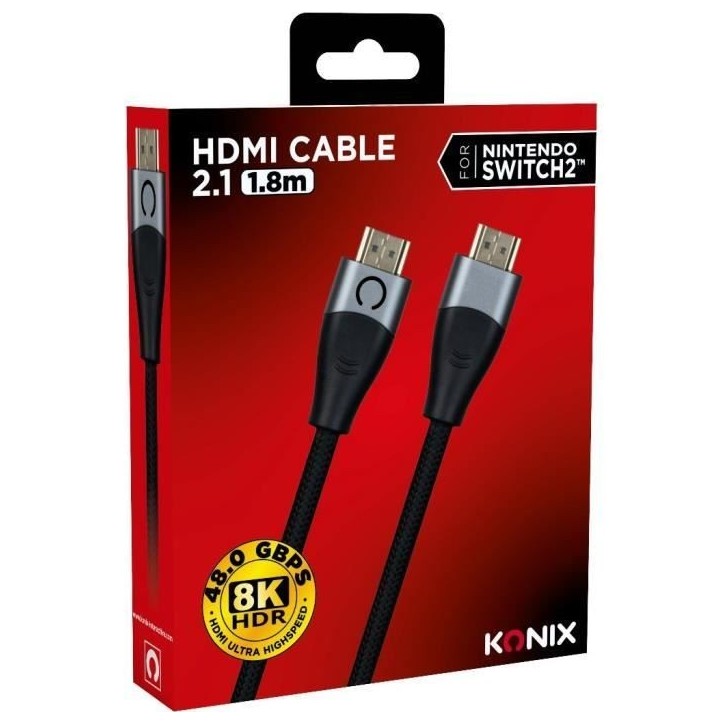 Câble HDMI 2.1 - KONIX - Nintendo Switch 2 - Compatibilité 4K et 8K - Nylon tressé - Longueur 1,8 m - Noir