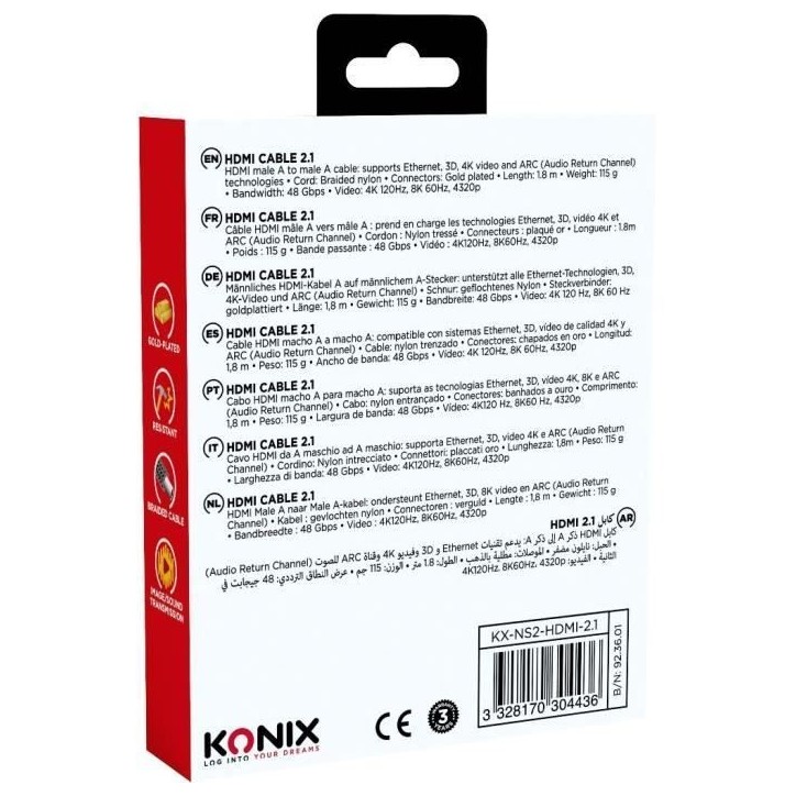 Câble HDMI 2.1 - KONIX - Nintendo Switch 2 - Compatibilité 4K et 8K - Nylon tressé - Longueur 1,8 m - Noir