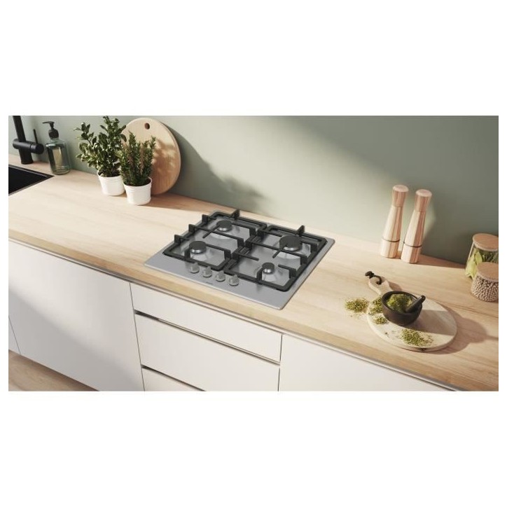 Table de cuisson a gaz - BOSCH Série 4 - 4 foyers - 52 x 58,2 x 4,5 cm - PGP6B5K90 - Inox