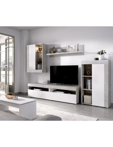 Ensemble Meuble TV TOKIO - Classique - Panneaux de particules - Blanc et Béton - L 265 x P 42 x H 180 cm
