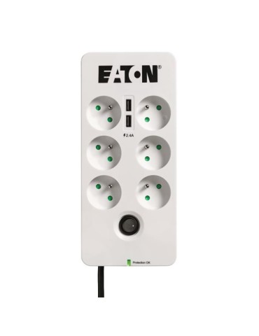 Multiprise/Parafoudre - EATON Protection Box 6 Tel USB FR - PB6TUF - 6 prises FR + 1 prise tel/RJ + 2 ports USB - Blanc & Noir