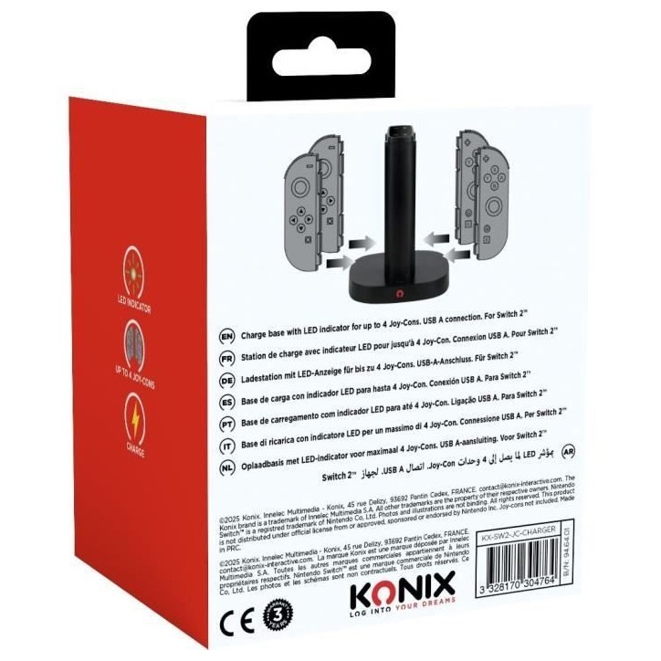 Station de rechargement - KONIX - 2 paires de manettes Joy-Con - Indicateur de charge LED - Connexion USB-A - Noir Station de rechargement - KONIX - 2 paires de manettes Joy-Con - Indicateur de charge LED - Connexion USB-A - Noir