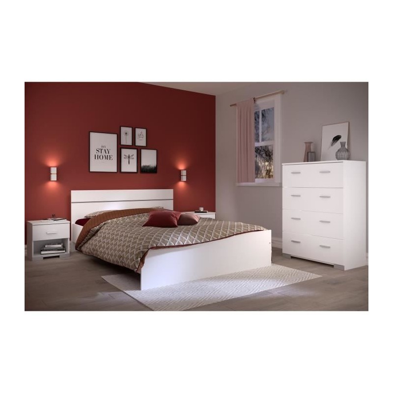Chambre complete BOSTON : Lit adulte 140x190 + Commode + 2 Chevets - D Chambre complete BOSTON : Lit adulte 140x190 + Commode + 2 Chevets - D