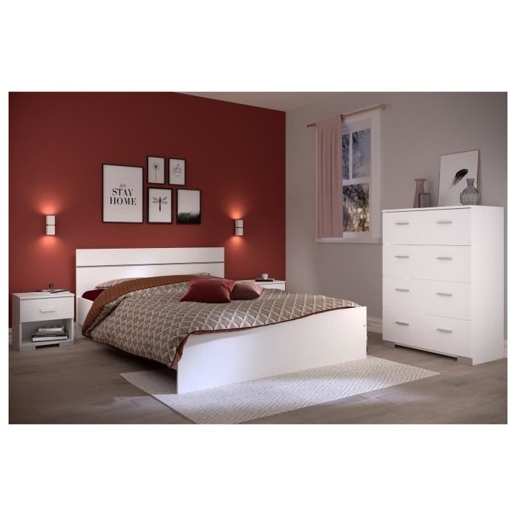 Chambre complete BOSTON : Lit adulte 140x190 + Commode + 2 Chevets - Décor blanc - Fabriqué en France Chambre complete BOSTON : Lit adulte 140x190 + Commode + 2 Chevets - Décor blanc - Fabriqué en France