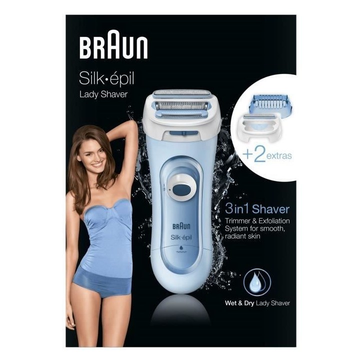 Rasoir électrique BRAUN Silk-épil Lady Shaver 5-160 pour Femme - 3 en 1 - Sans Fil - Wet & Dry - Bleu