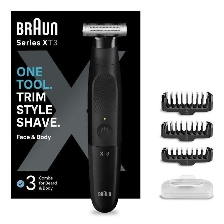Tondeuse hybride BRAUN Series X XT3100 pour visage avec lame flexible 4D, étanche, 3 sabots - Homme Tondeuse hybride BRAUN Series X XT3100 pour visage avec lame flexible 4D, étanche, 3 sabots - Homme
