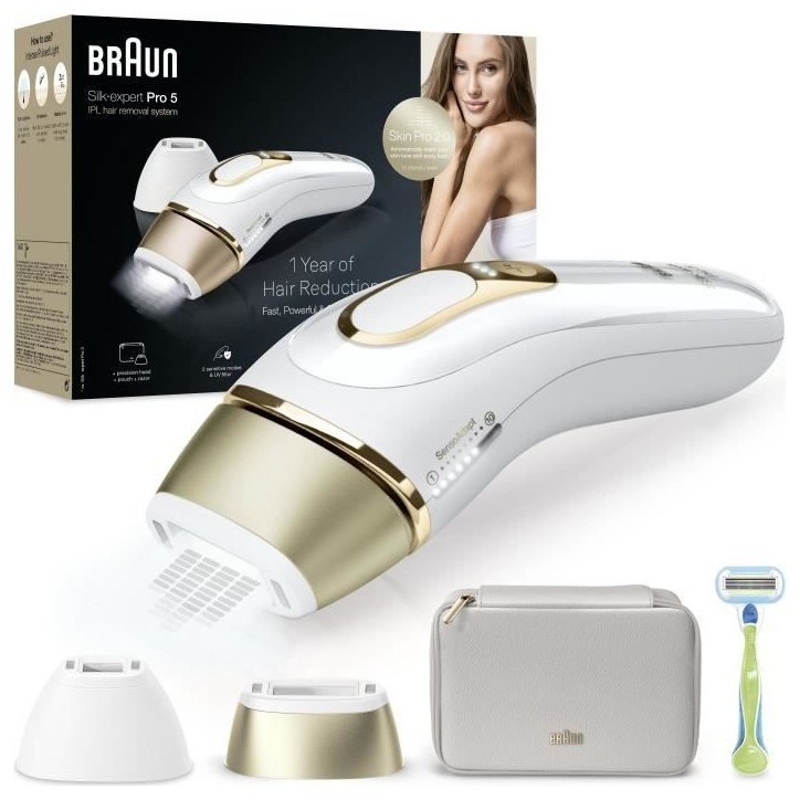 Épilateur a Lumiere Pulsée - BRAUN - Silk·expert Pro 5 - Épilation a la maison - Pochette - Rasoir Venus - 2 Tetes - PL5152