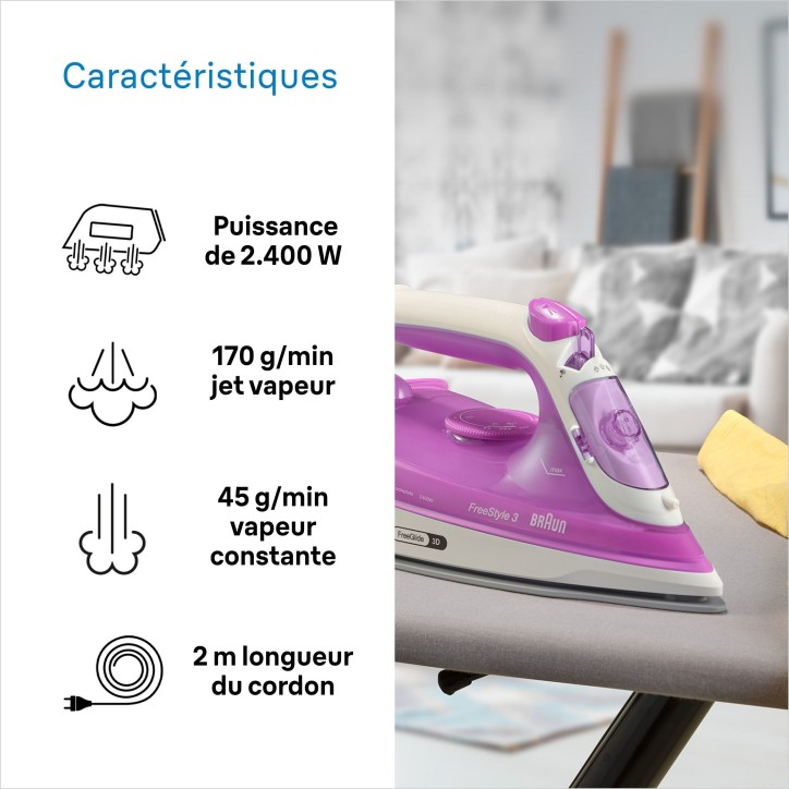 Fer vapeur - BRAUN - FI3124PU Freestyle 3 - Puissance 2400 W - Semelle SuperCéramic - Réservoir d'eau 270 ml - Auto-nettoyant
