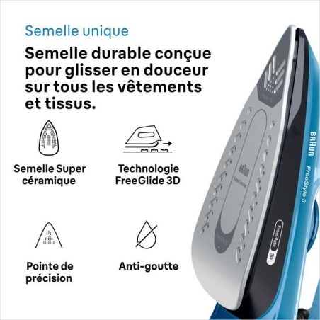 Fer vapeur - BRAUN - FI3194BK FreeStyle 3 - Puissance 2400 W - Vapeur constante 45 g/min Pressing 200g/min - Semelle SuperCerami