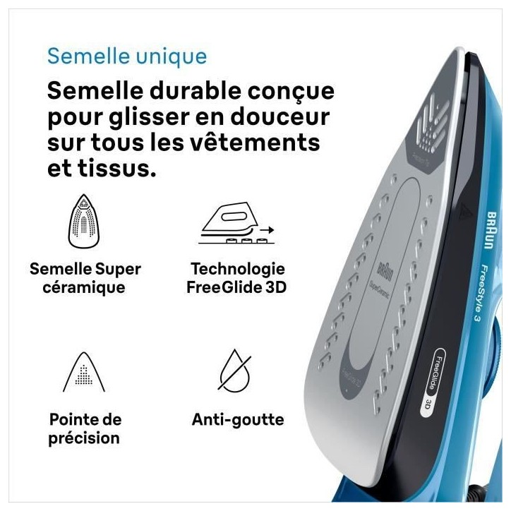 Fer vapeur - BRAUN - FI3194BK FreeStyle 3 - Puissance 2400 W - Vapeur constante 45 g/min Pressing 200g/min - Semelle SuperCerami