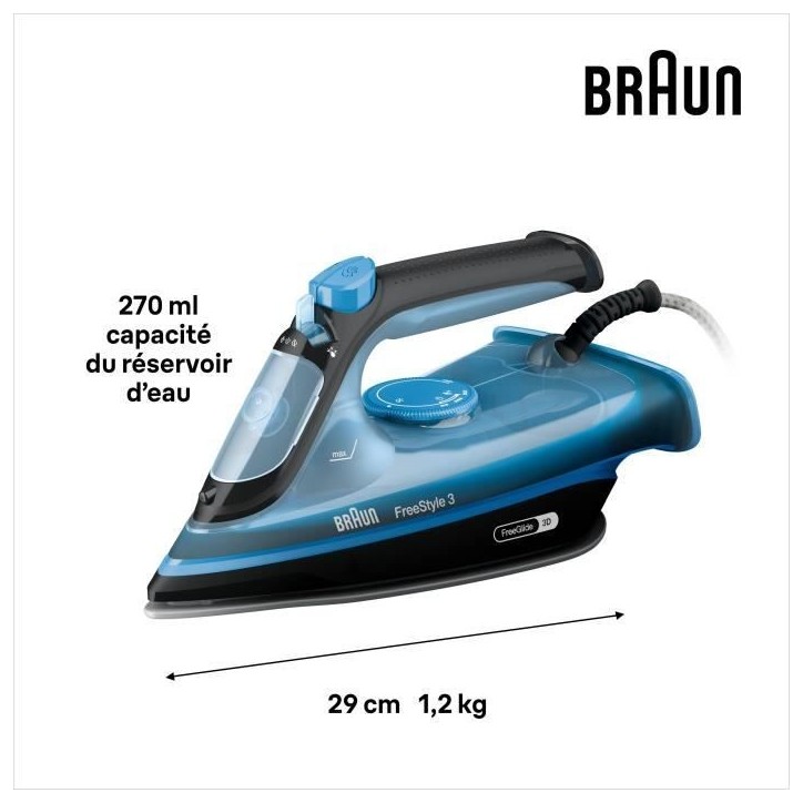 Fer vapeur - BRAUN - FI3194BK FreeStyle 3 - Puissance 2400 W - Vapeur constante 45 g/min Pressing 200g/min - Semelle SuperCerami